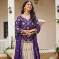 Outstanding Cream and Royal Purple Tissue Silk Embroidered Indo-Western Lehenga Choli with Dupatta