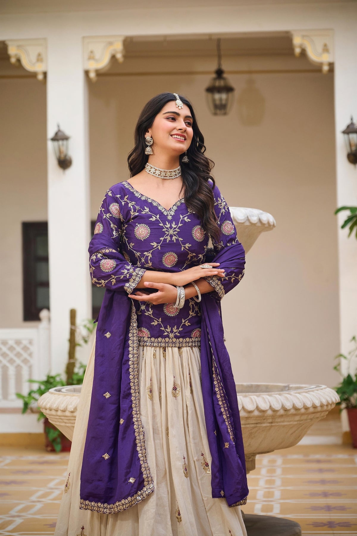 Outstanding Cream and Royal Purple Tissue Silk Embroidered Indo-Western Lehenga Choli with Dupatta