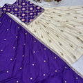 Outstanding Cream and Royal Purple Tissue Silk Embroidered Indo-Western Lehenga Choli with Dupatta
