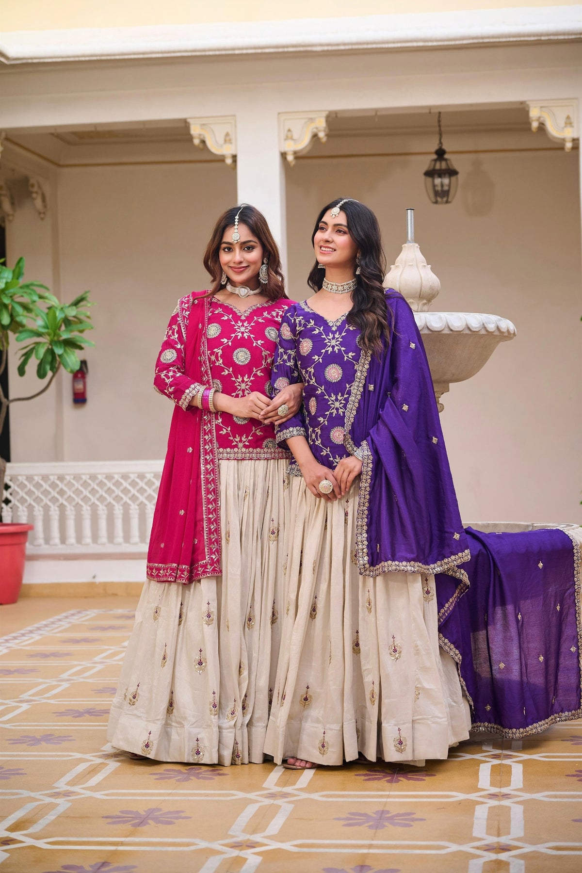 Elegant Cream and Rani Pink Tissue Silk Embroidered Indo-Western Lehenga Choli with Dupatta
