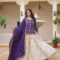 Outstanding Cream and Royal Purple Tissue Silk Embroidered Indo-Western Lehenga Choli with Dupatta
