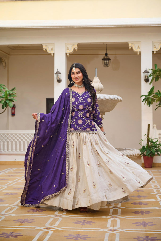 Outstanding Cream and Royal Purple Tissue Silk Embroidered Indo-Western Lehenga Choli with Dupatta