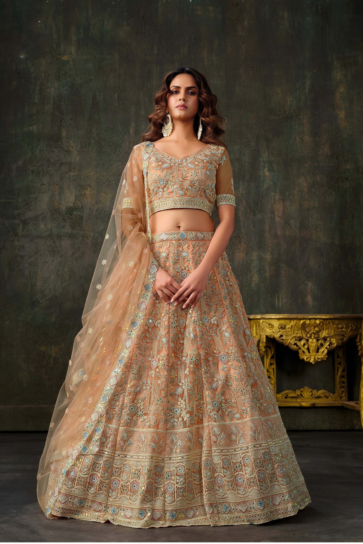 Stylish Peach Heavy Net Embroidered Designer Lehenga Choli with Dupatta for Women