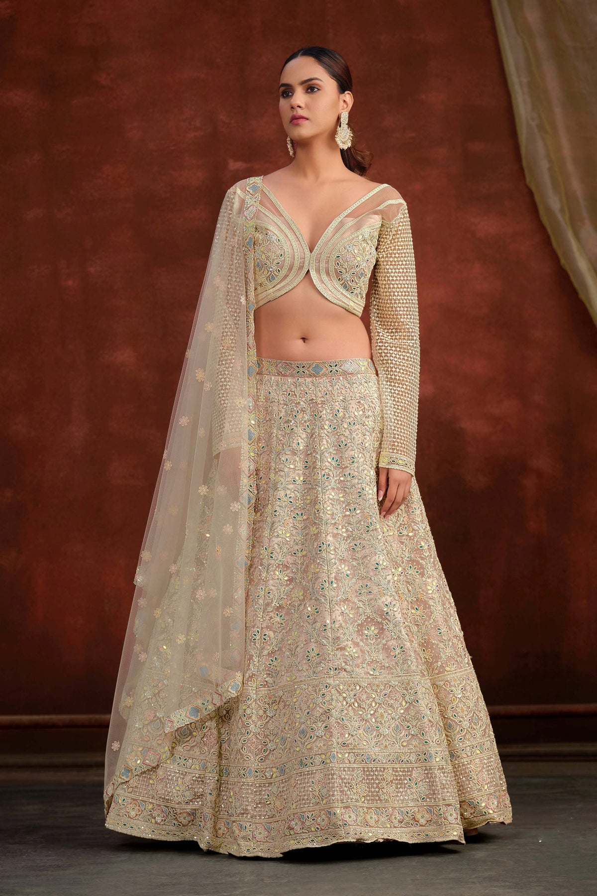 Charming Beige Heavy Net Embroidery Work Designer Lehenga Choli with Dupatta for Women