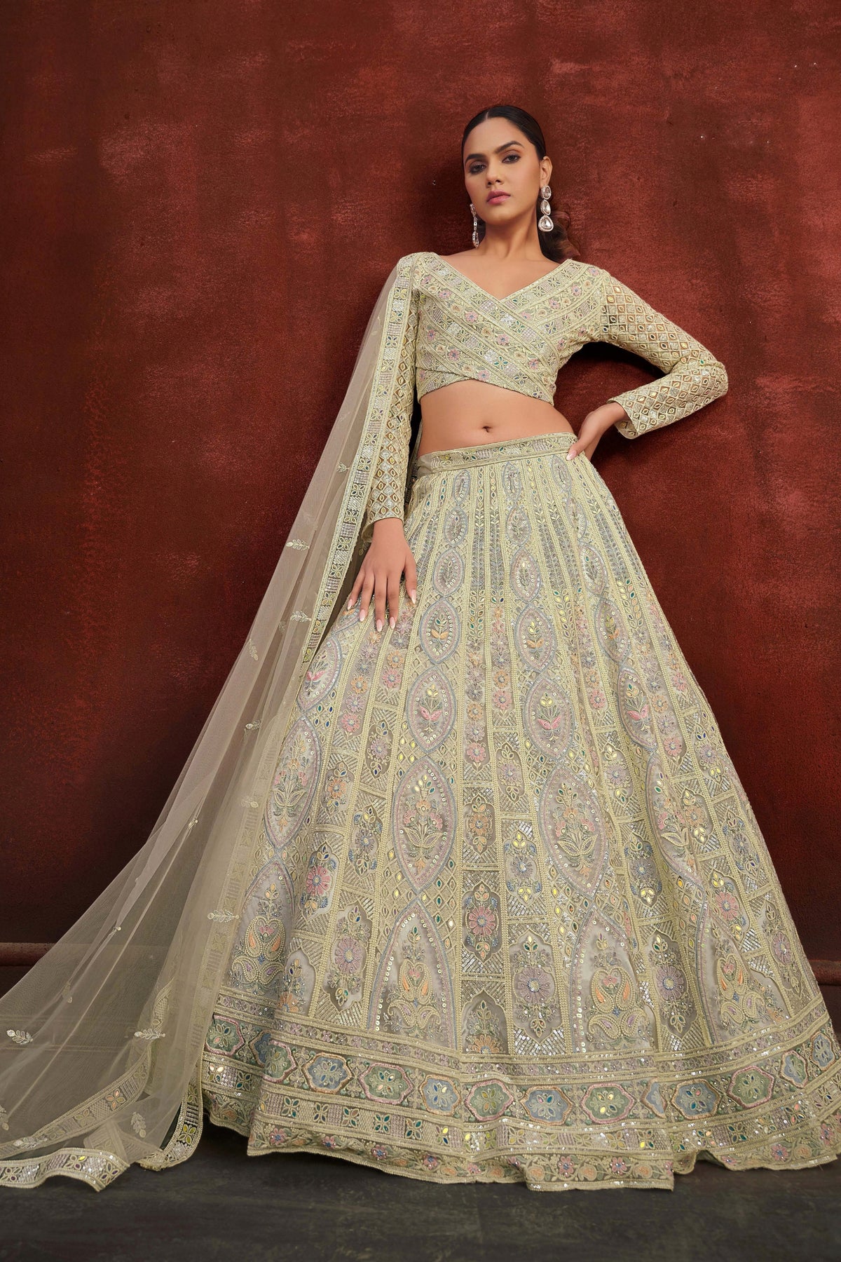 Glorious Cream Heavy Net Embroidery Work Designer Lehenga Choli with Dupatta for Women