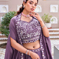 Elegant Purple Rangoli Silk Designer Lehenga Choli with Embroidered Blouse and Shrug Style Dupatta