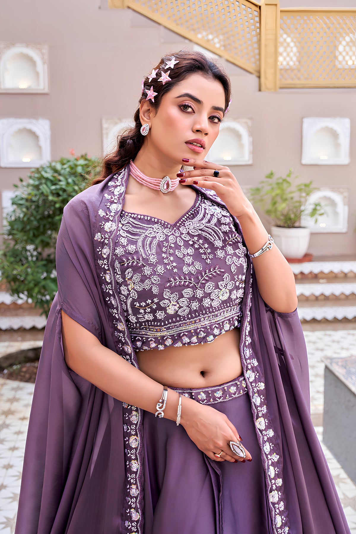 Elegant Purple Rangoli Silk Designer Lehenga Choli with Embroidered Blouse and Shrug Style Dupatta