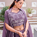 Elegant Purple Rangoli Silk Designer Lehenga Choli with Embroidered Blouse and Shrug Style Dupatta