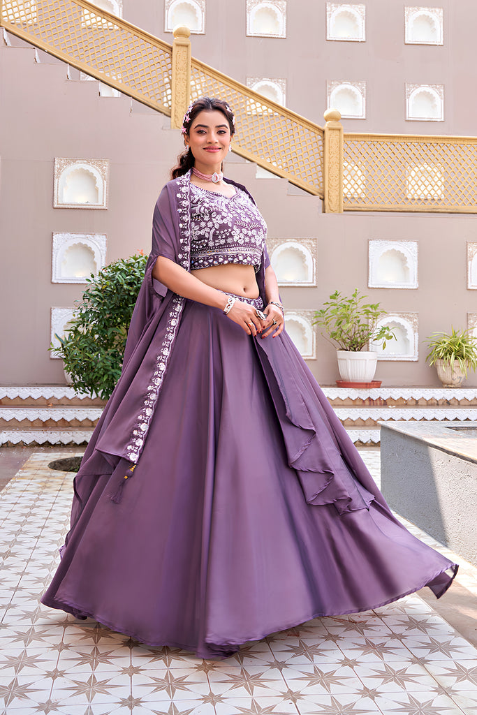 Elegant Purple Rangoli Silk Designer Lehenga Choli with Embroidered Blouse and Shrug Style Dupatta