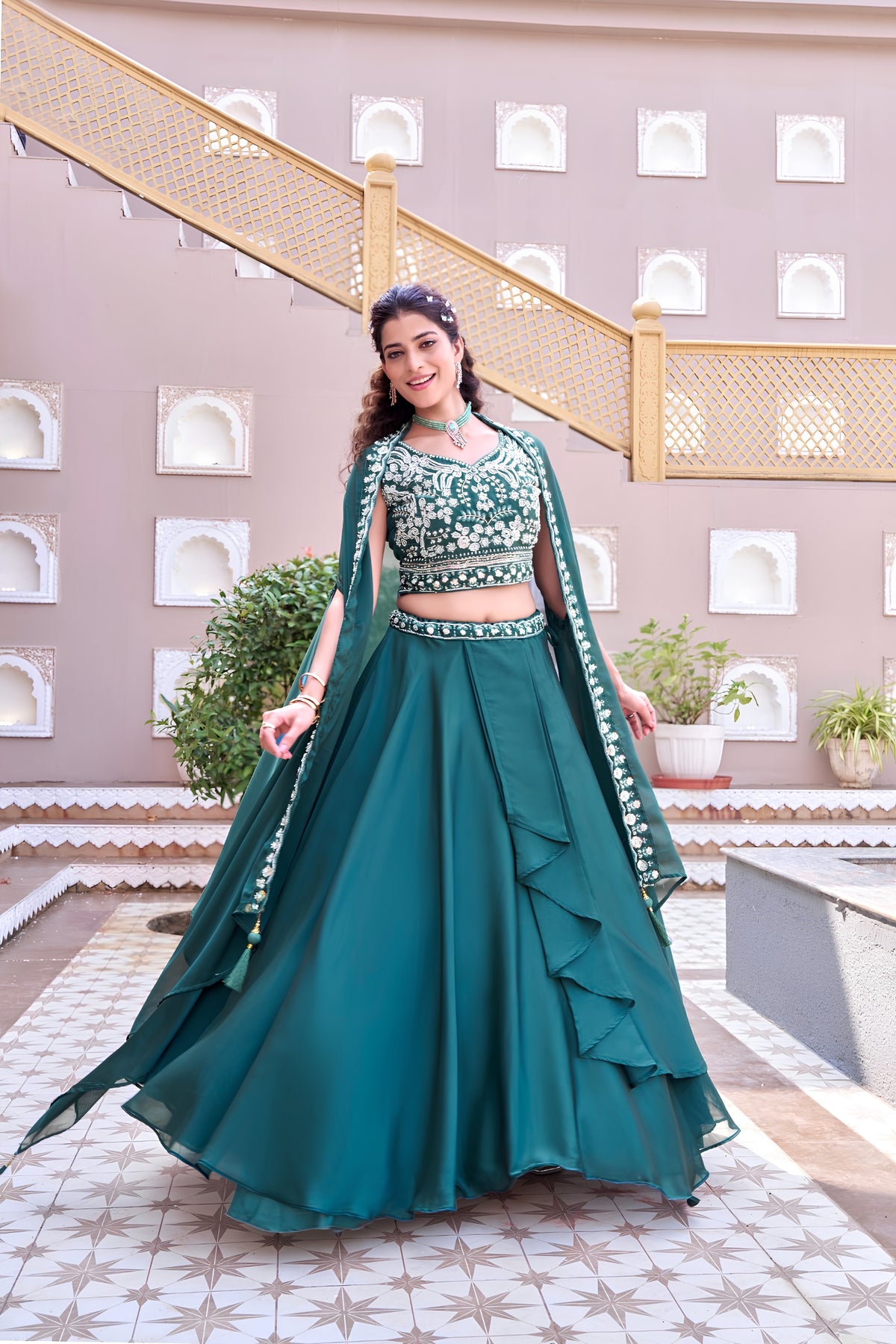 Mesmerizing Teal Green Rangoli Silk Designer Lehenga Choli with Embroidered Blouse and Shrug Style Dupatta