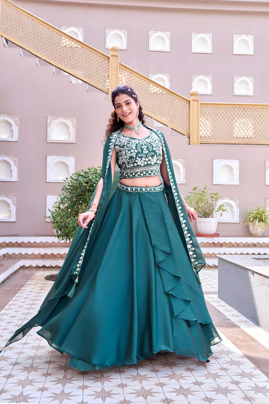 Mesmerizing Teal Green Rangoli Silk Designer Lehenga Choli with Embroidered Blouse and Shrug Style Dupatta