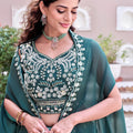 Mesmerizing Teal Green Rangoli Silk Designer Lehenga Choli with Embroidered Blouse and Shrug Style Dupatta