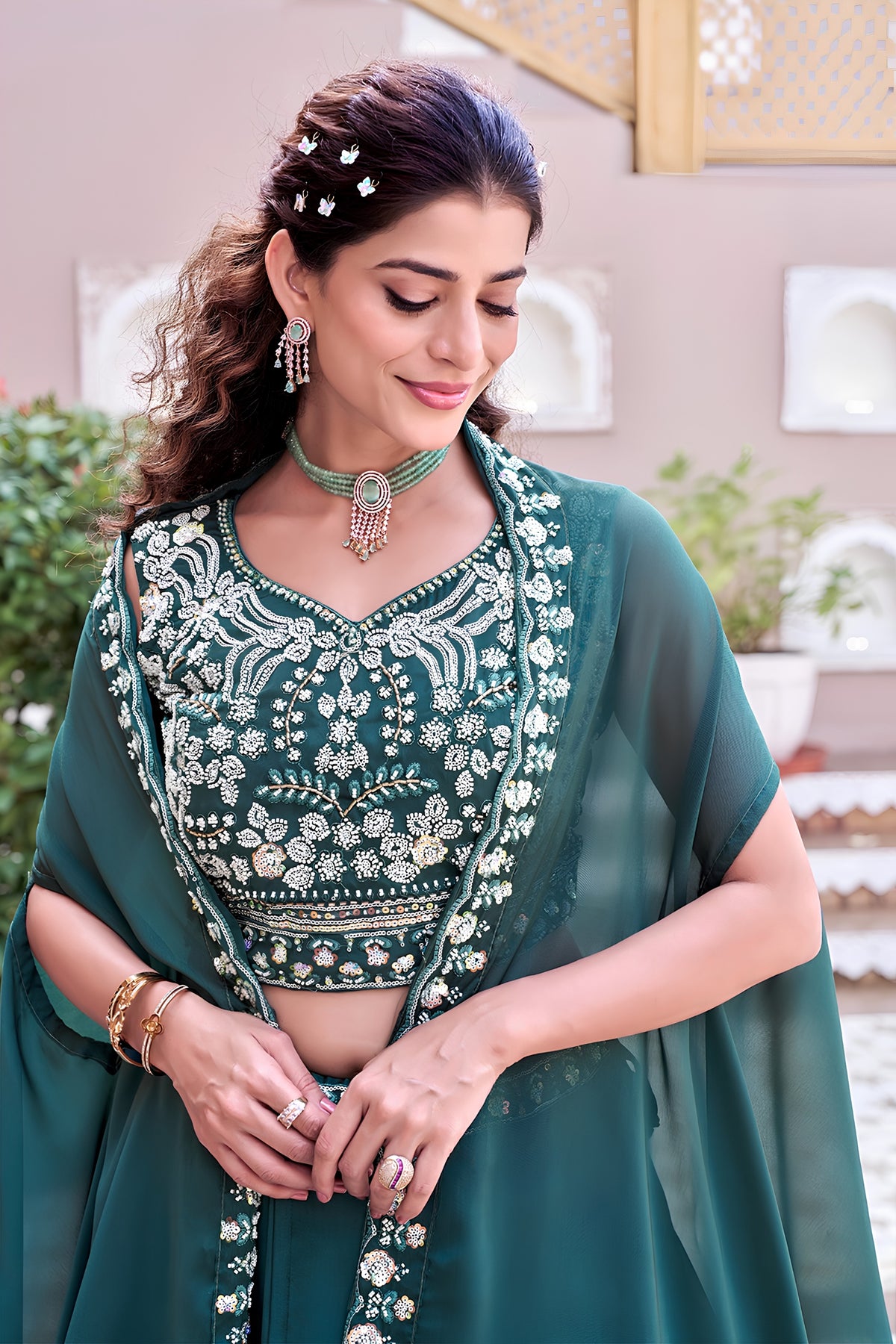 Mesmerizing Teal Green Rangoli Silk Designer Lehenga Choli with Embroidered Blouse and Shrug Style Dupatta