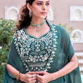 Mesmerizing Teal Green Rangoli Silk Designer Lehenga Choli with Embroidered Blouse and Shrug Style Dupatta