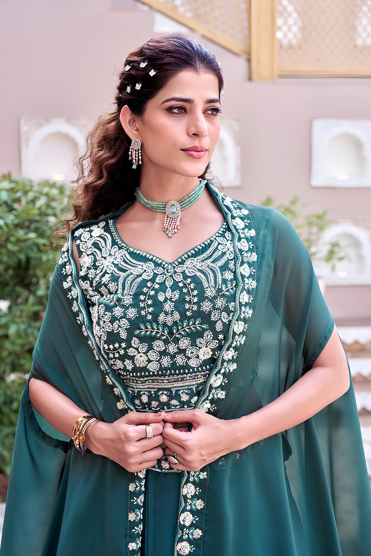 Mesmerizing Teal Green Rangoli Silk Designer Lehenga Choli with Embroidered Blouse and Shrug Style Dupatta