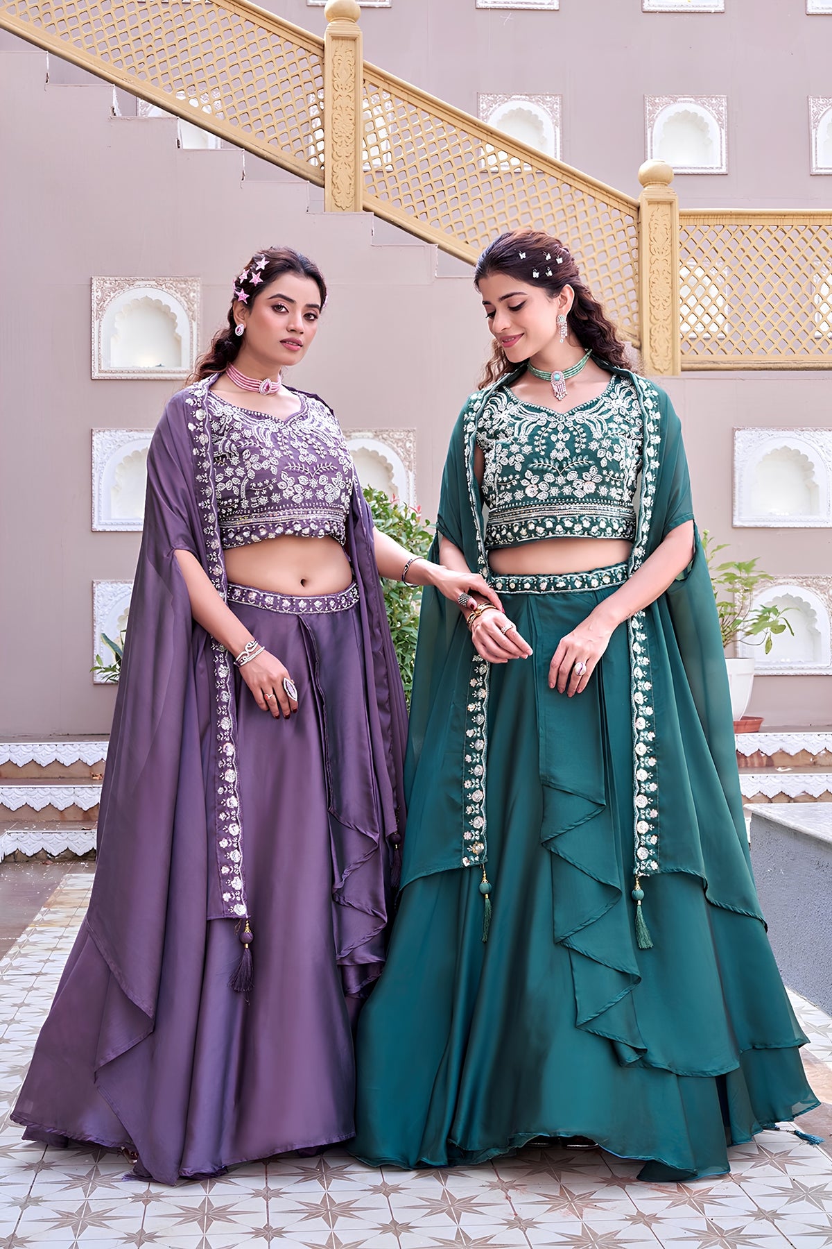 Elegant Purple Rangoli Silk Designer Lehenga Choli with Embroidered Blouse and Shrug Style Dupatta