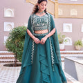 Mesmerizing Teal Green Rangoli Silk Designer Lehenga Choli with Embroidered Blouse and Shrug Style Dupatta
