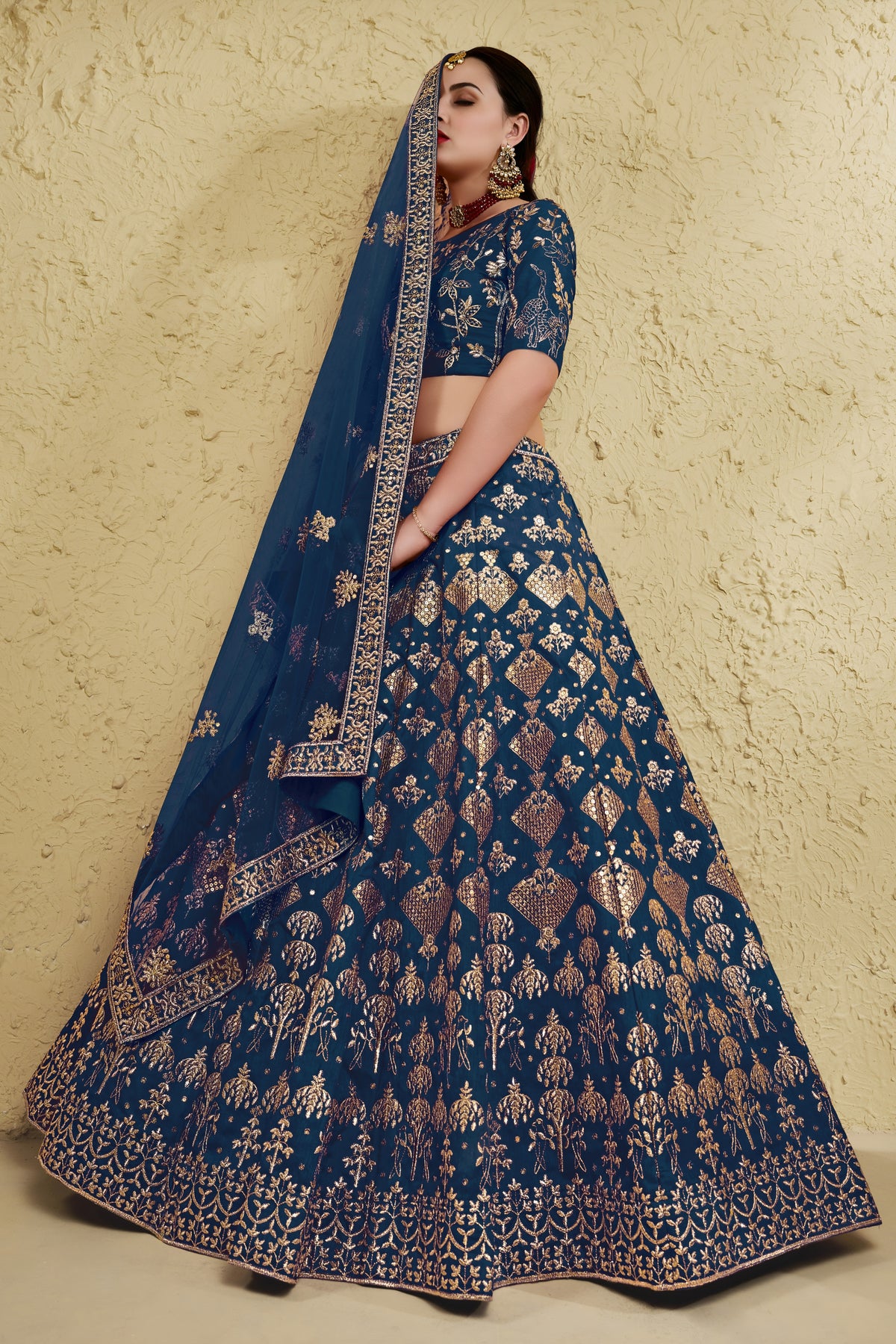 Regal Navy Blue Art Silk Designer Lehenga Choli with Golden Embroidery Work and Dupatta for Women
