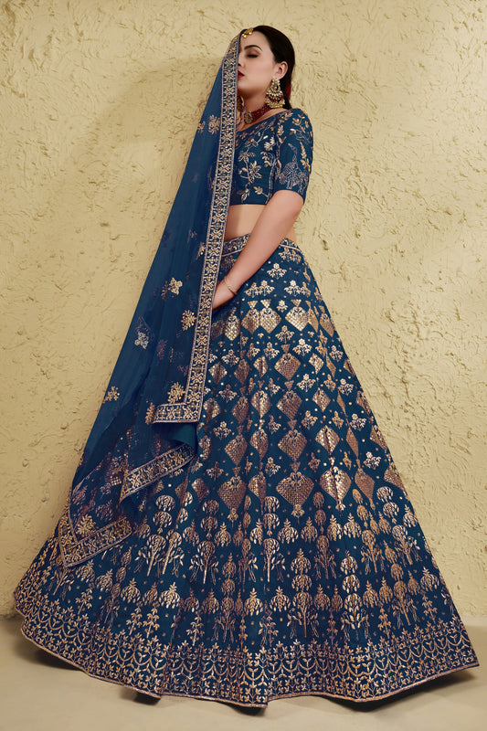 Regal Navy Blue Art Silk Designer Lehenga Choli with Golden Embroidery Work and Dupatta for Women
