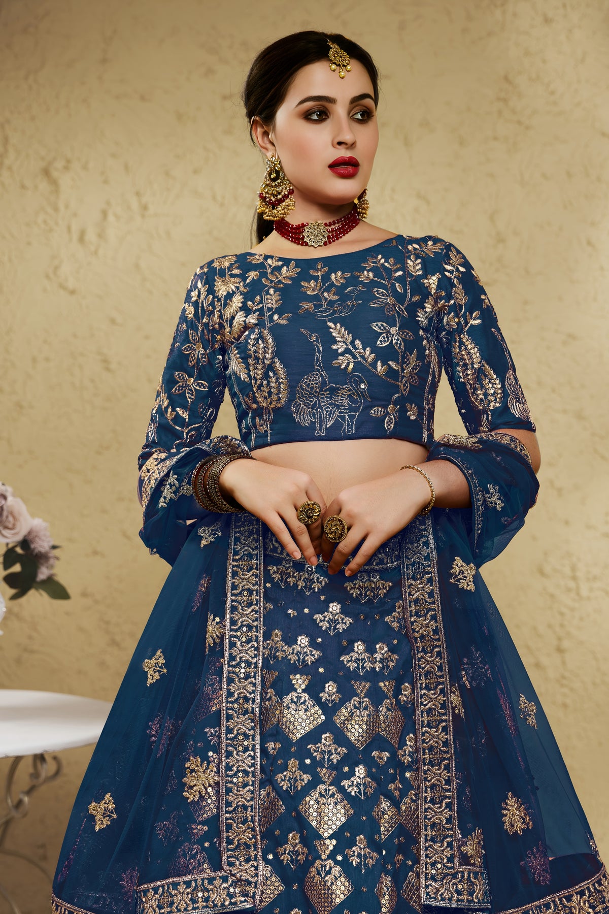 Regal Navy Blue Art Silk Designer Lehenga Choli with Golden Embroidery Work and Dupatta for Women