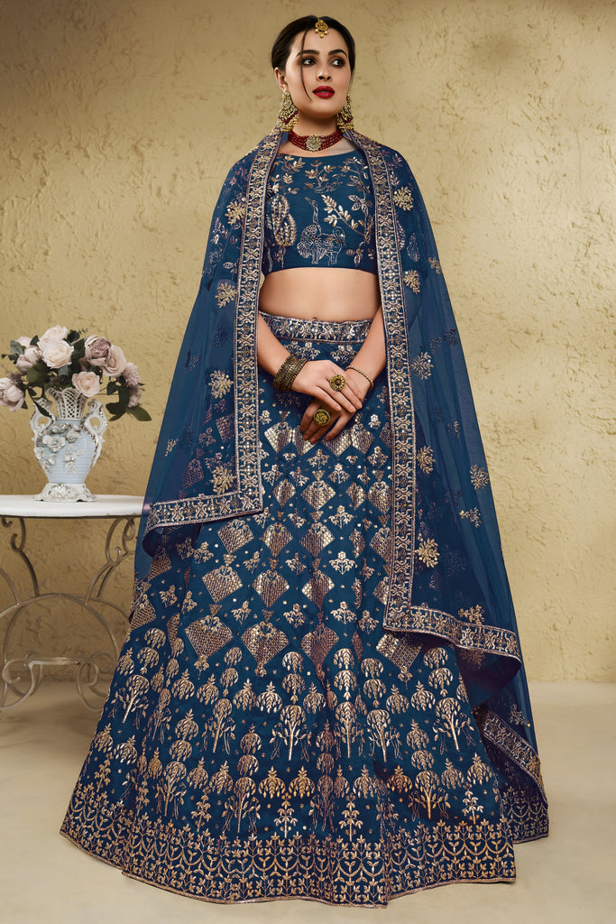 Regal Navy Blue Art Silk Designer Lehenga Choli with Golden Embroidery Work and Dupatta for Women