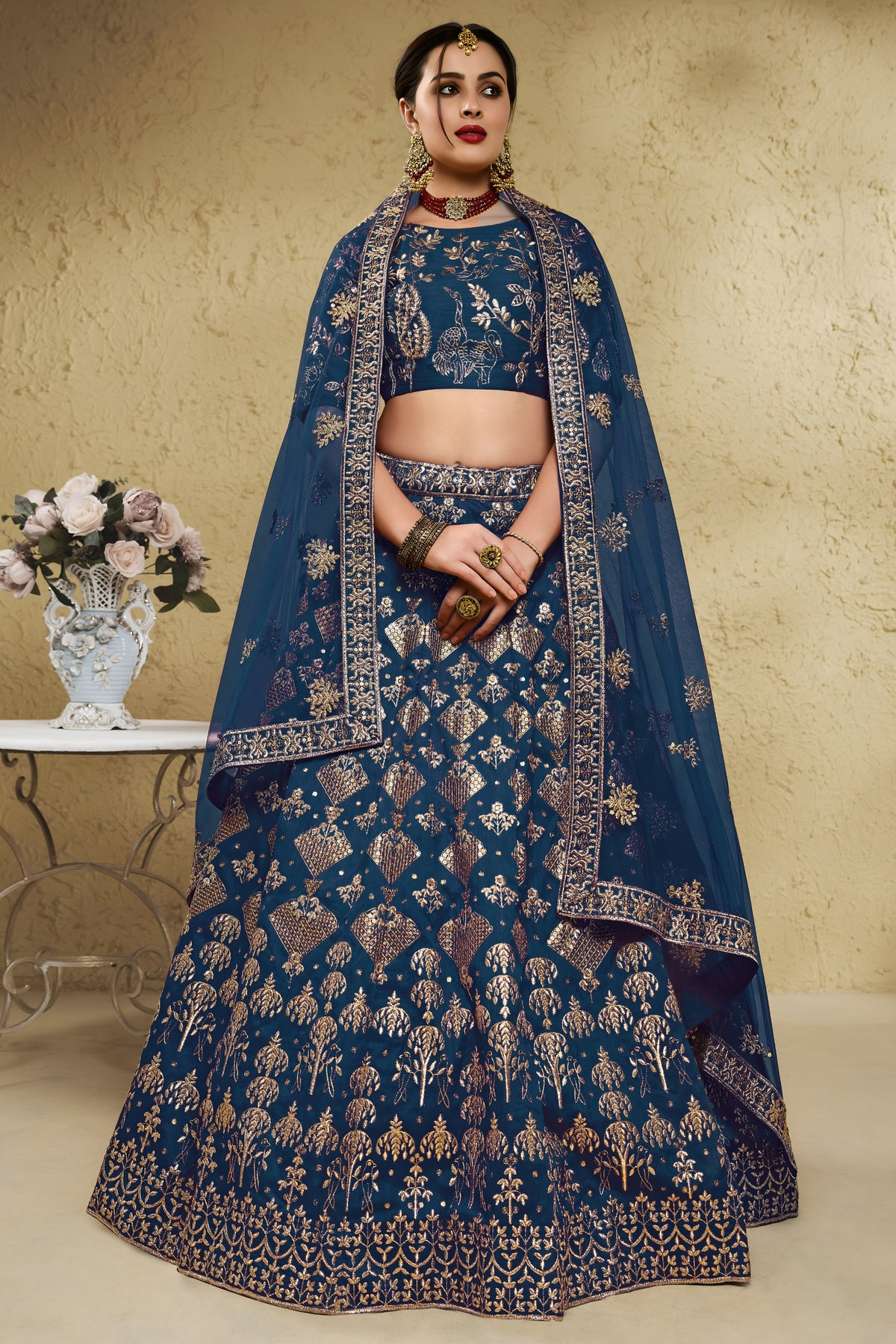Regal Navy Blue Art Silk Designer Lehenga Choli with Golden Embroidery Work and Dupatta for Women