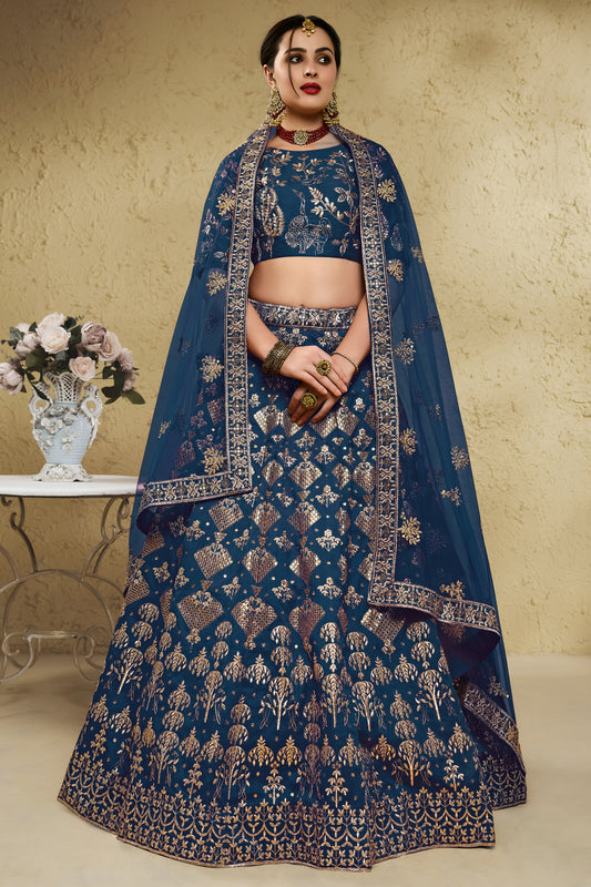 Regal Navy Blue Art Silk Designer Lehenga Choli with Golden Embroidery Work and Dupatta for Women