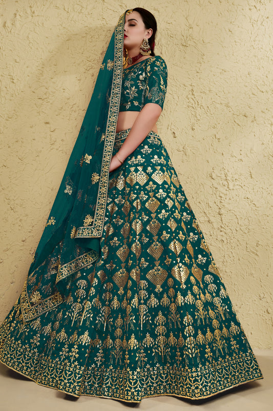 Exquisite Teal Green Art Silk Designer Lehenga Choli with Golden Embroidery Work and Dupatta for Women