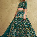 Exquisite Teal Green Art Silk Designer Lehenga Choli with Golden Embroidery Work and Dupatta for Women