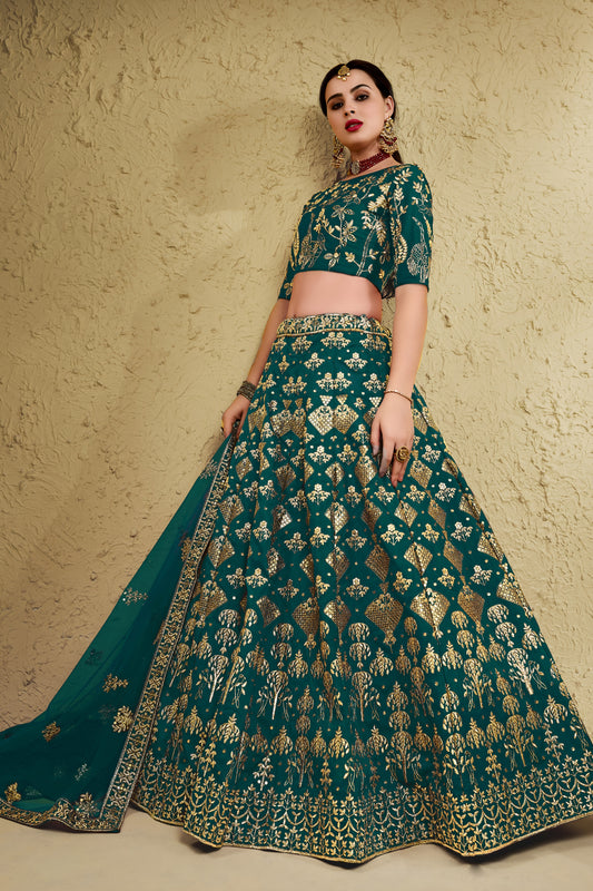 Exquisite Teal Green Art Silk Designer Lehenga Choli with Golden Embroidery Work and Dupatta for Women