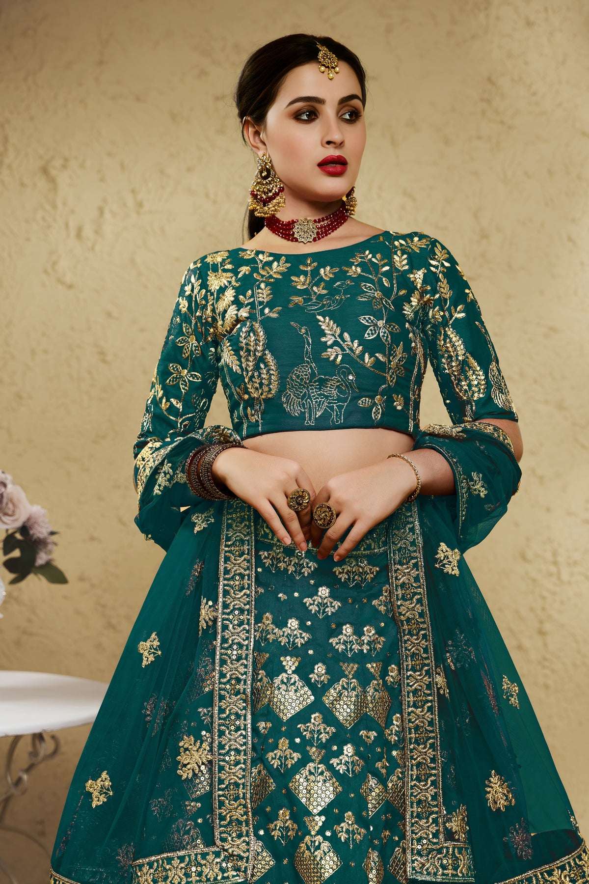 Exquisite Teal Green Art Silk Designer Lehenga Choli with Golden Embroidery Work and Dupatta for Women
