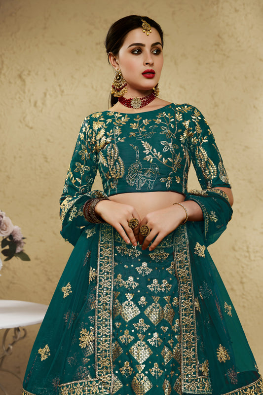 Exquisite Teal Green Art Silk Designer Lehenga Choli with Golden Embroidery Work and Dupatta for Women