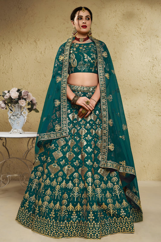 Exquisite Teal Green Art Silk Designer Lehenga Choli with Golden Embroidery Work and Dupatta for Women