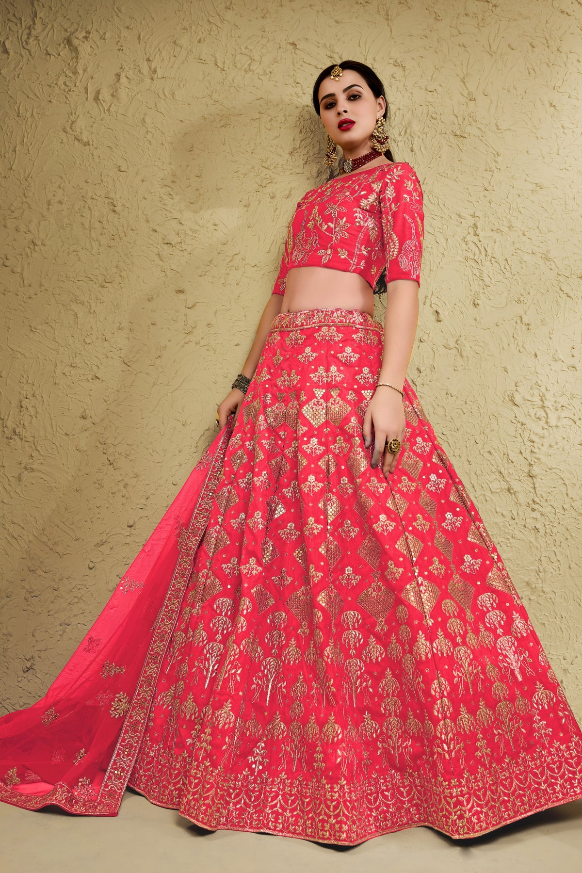 Radiant Peach Art Silk Designer Lehenga Choli with Golden Embroidery Work and Dupatta for Women