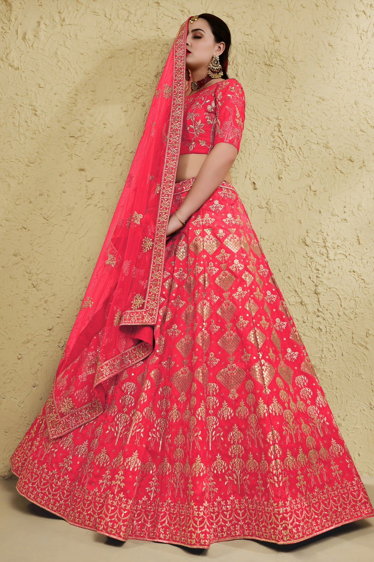 Radiant Peach Art Silk Designer Lehenga Choli with Golden Embroidery Work and Dupatta for Women