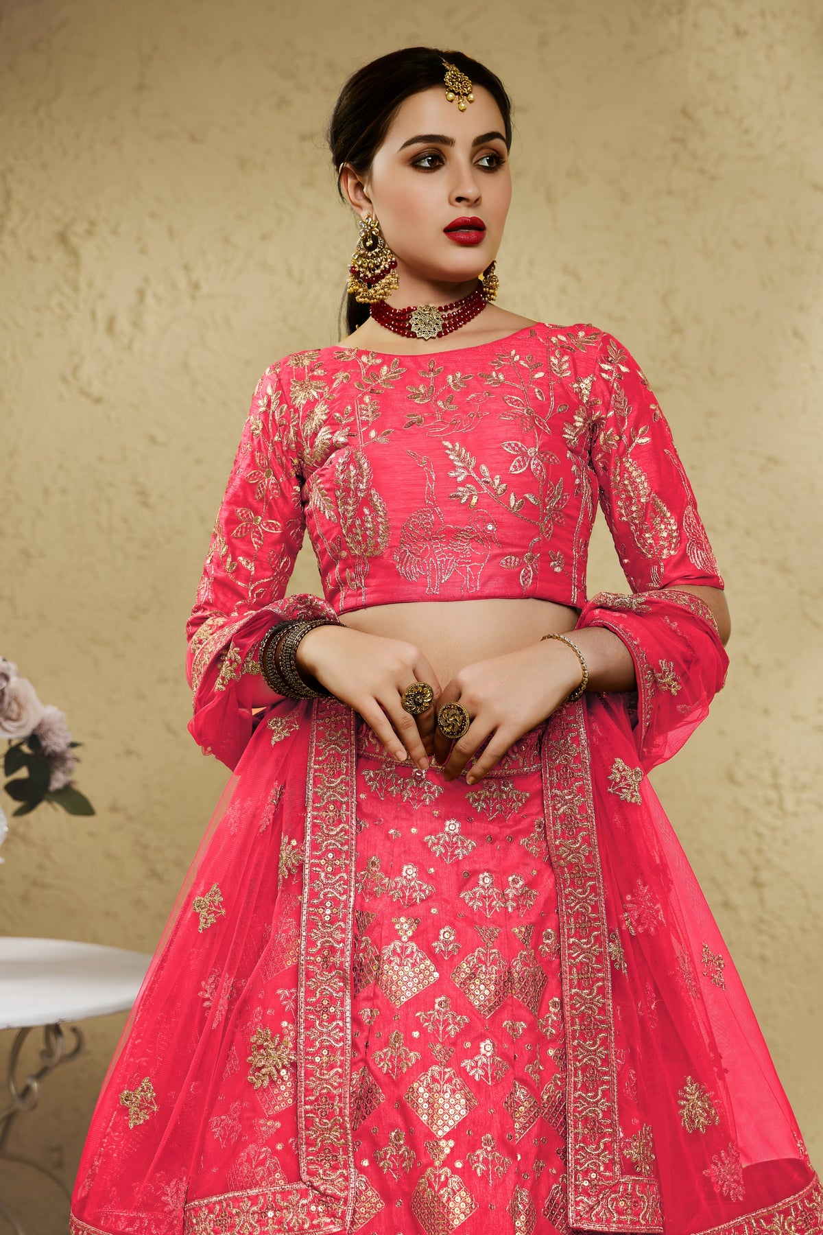 Radiant Peach Art Silk Designer Lehenga Choli with Golden Embroidery Work and Dupatta for Women