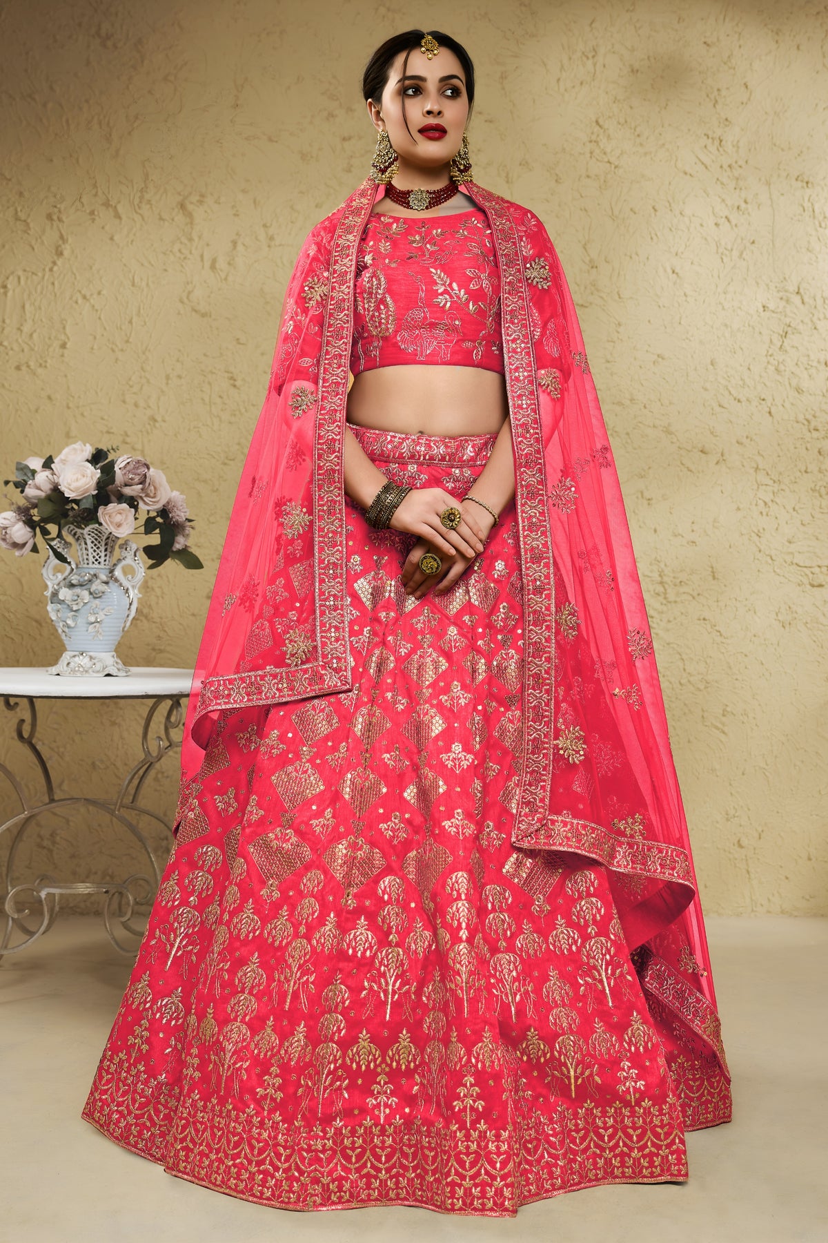 Radiant Peach Art Silk Designer Lehenga Choli with Golden Embroidery Work and Dupatta for Women