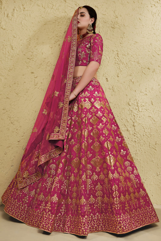 Captivating Rani Pink Art Silk Designer Lehenga Choli with Golden Embroidery Work and Dupatta for Women
