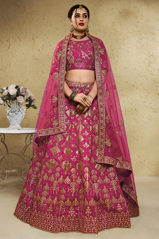 Captivating Rani Pink Art Silk Designer Lehenga Choli with Golden Embroidery Work and Dupatta for Women