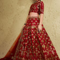 Majestic Red Art Silk Designer Lehenga Choli with Golden Embroidery Work and Dupatta for Women