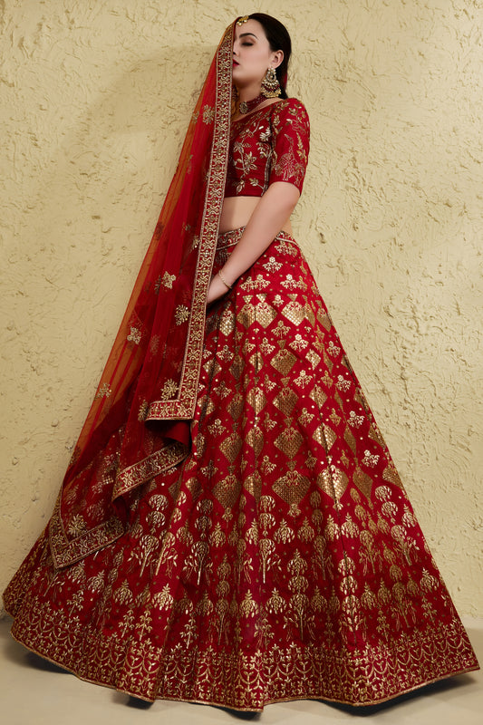 Majestic Red Art Silk Designer Lehenga Choli with Golden Embroidery Work and Dupatta for Women