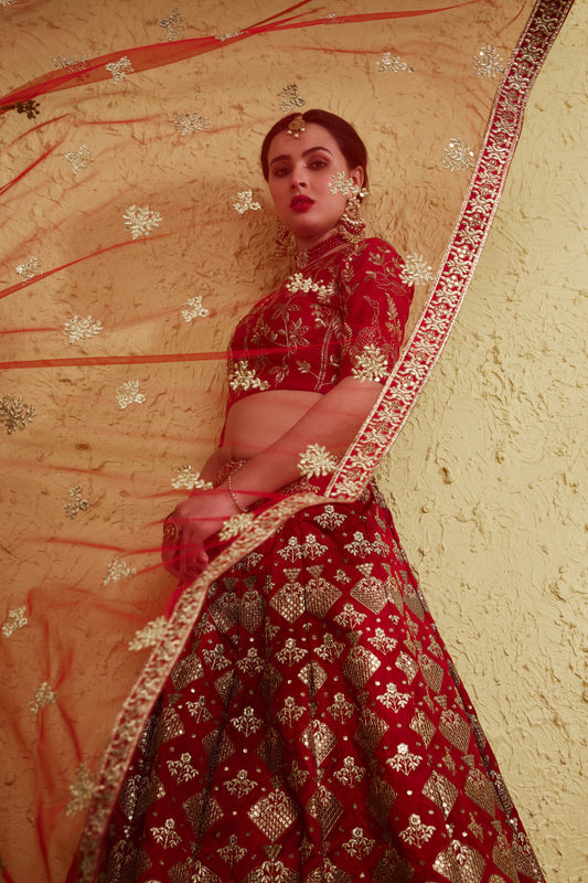 Majestic Red Art Silk Designer Lehenga Choli with Golden Embroidery Work and Dupatta for Women