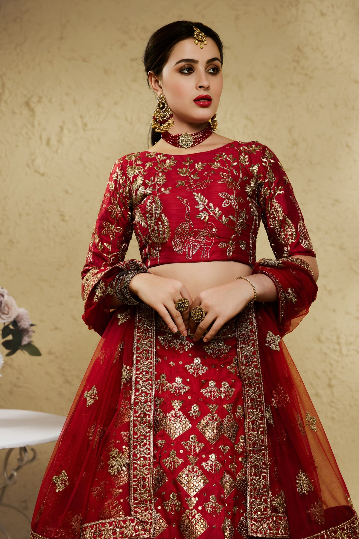 Majestic Red Art Silk Designer Lehenga Choli with Golden Embroidery Work and Dupatta for Women