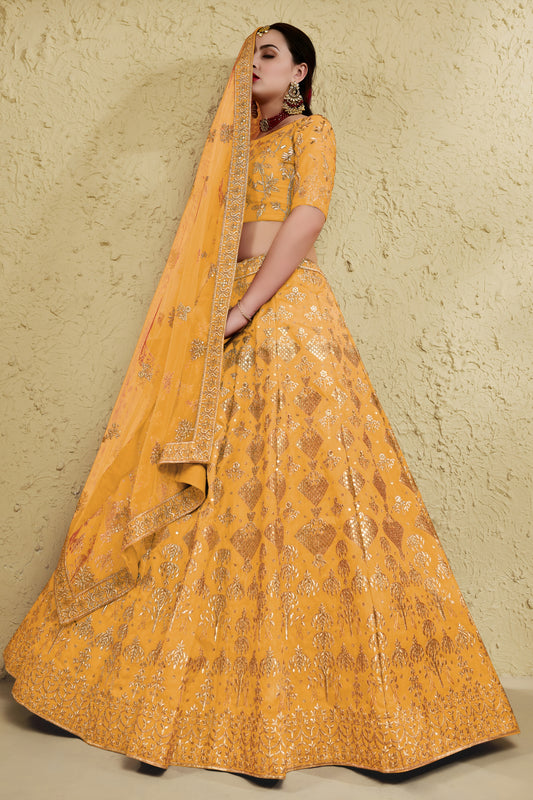 Vibrant Yellow Art Silk Designer Lehenga Choli with Golden Embroidery Work and Dupatta for Women