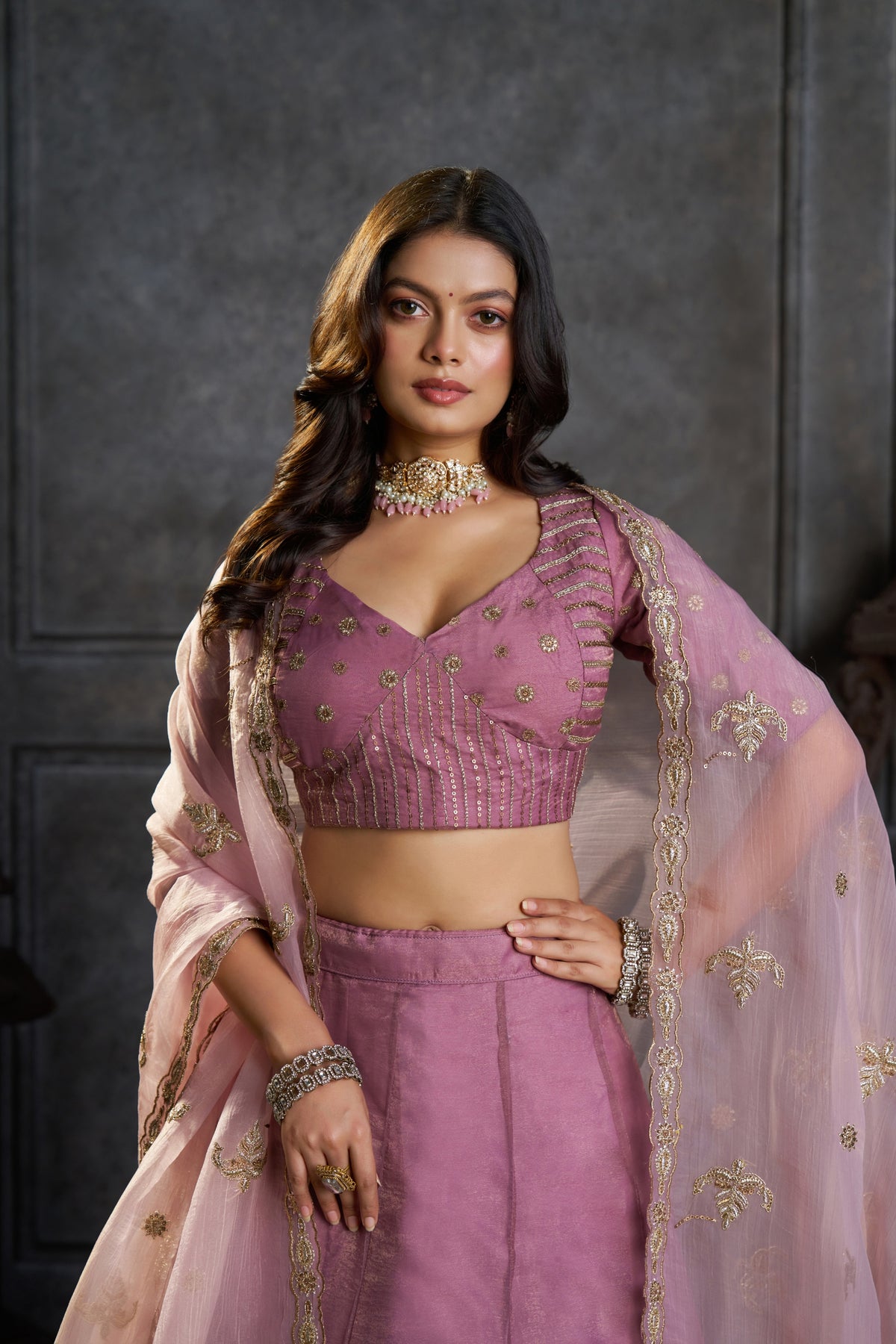 Regal Mauve Pink Organza Embroidered Designer Lehenga Choli with Dupatta for Women