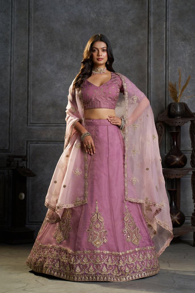 Regal Mauve Pink Organza Embroidered Designer Lehenga Choli with Dupatta for Women