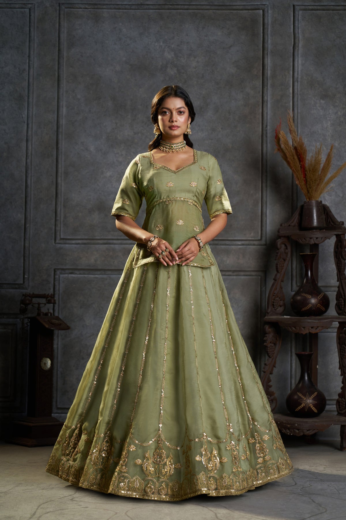 Exquisite Olive Green Organza Embroidered Designer Lehenga Choli with Dupatta for Women