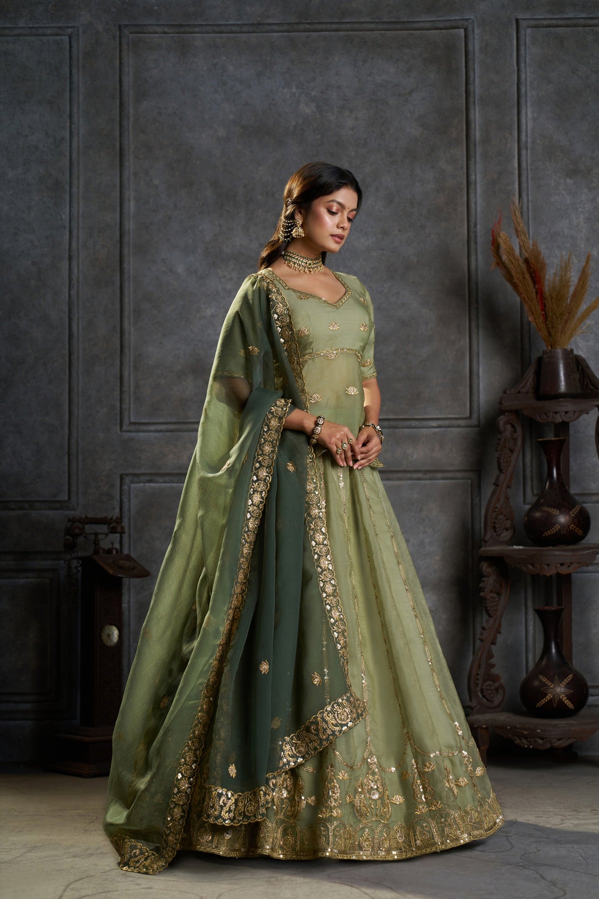 Exquisite Olive Green Organza Embroidered Designer Lehenga Choli with Dupatta for Women