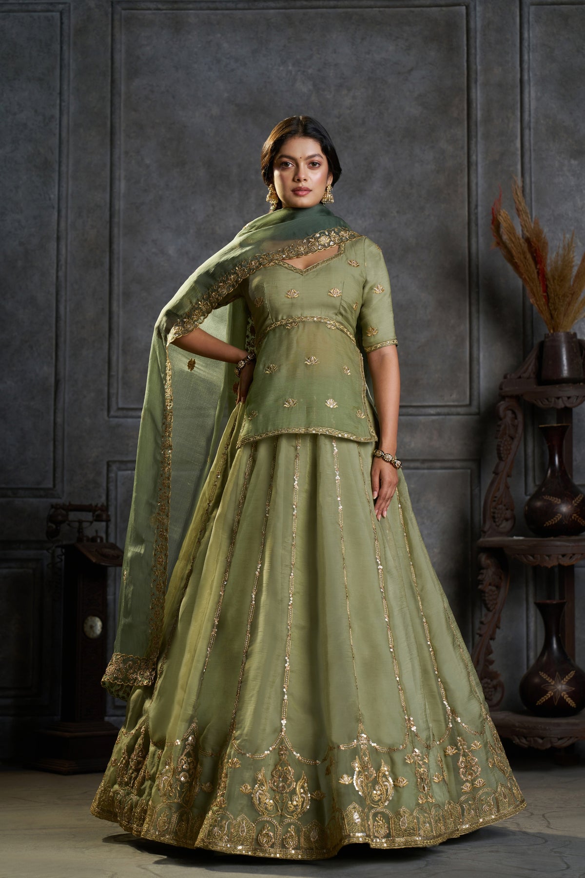 Exquisite Olive Green Organza Embroidered Designer Lehenga Choli with Dupatta for Women