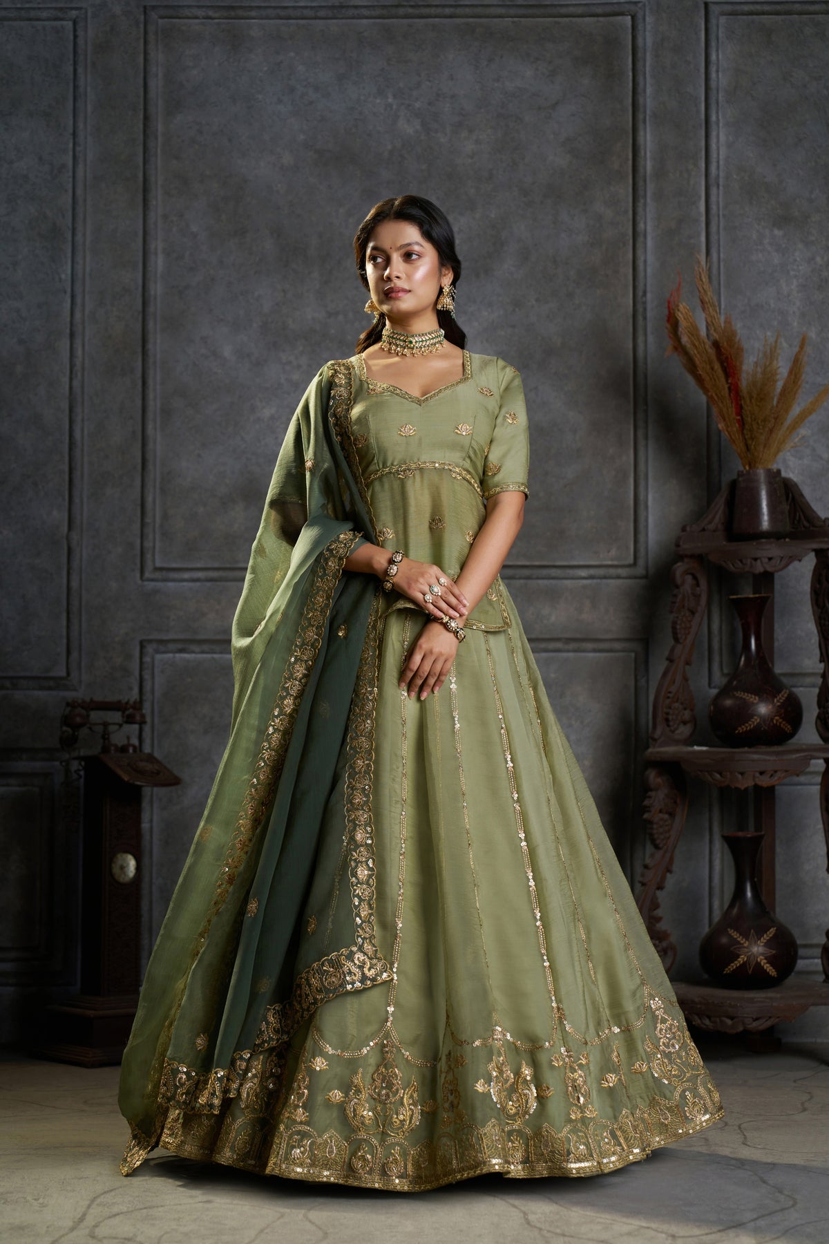Exquisite Olive Green Organza Embroidered Designer Lehenga Choli with Dupatta for Women
